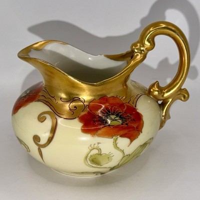 Antique Hand Painted Pickard Limoges Pitcher VGC. Red Poppies Gold Trim.
