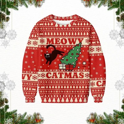 Meowy Catmas Funny Ugly Christmas Sweater Unisex Holiday Knit - Black Cat Xmas