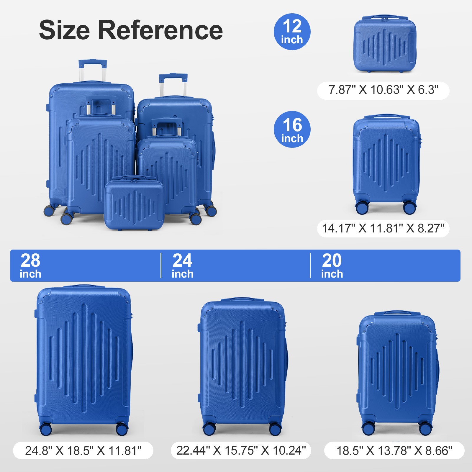 5-Piece Luggage Set 12in+16in+20in+24in+28in Suitcases w/Spinner Wheels Travel