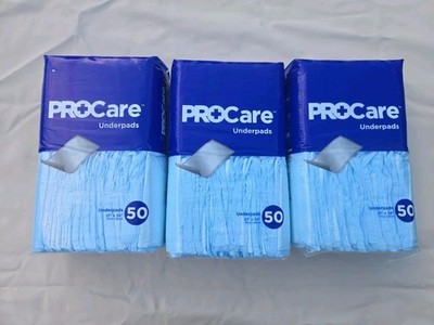 LOT 3 Packages ProCare 50 Underpads 21'' x 34'' Blue Bed Chair Overnight Absorbent
