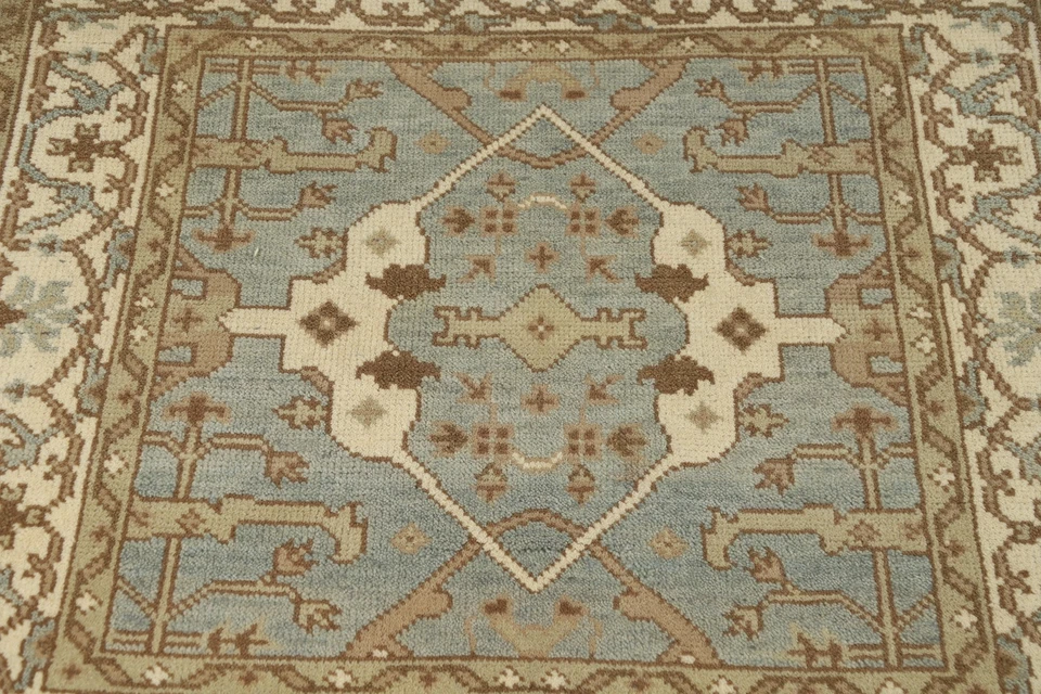 Light Blue Oushak Style Square Rug 4x4 Ft Hand-Knotted Transitional Floral Wool - Image 4 of 4