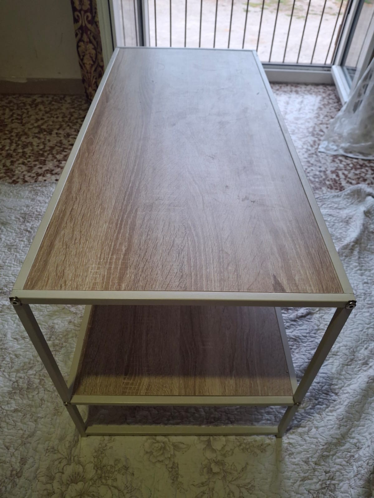 2 Tier Wooden Effect Table with Metal Frame Modern Living Room