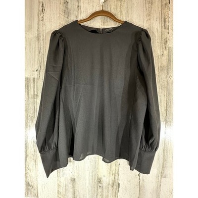 Ann Taylor Blouse Top Size Large Black Pleated Puff Bishop Sleeve Zip Back