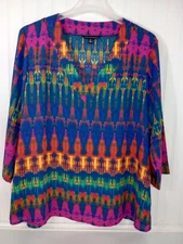 Signature Studio Top Tunic XL Bright Multicolor V-Neck 3/4 Sleeve Womens