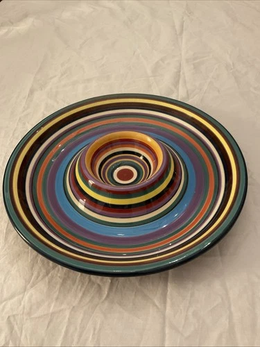 Tabletops Unlimited HAVANA Colorful Striped Hand Painted Chip & Dip Bowl Platter