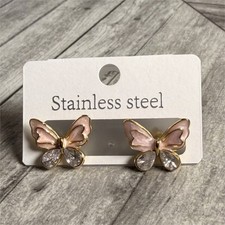 Stainless Steel Stud Earrings Pink Gold Silver Butterfly Fashion Lobe Ear Area