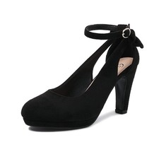Damen Mary Jane Heels mit Schleife Retro Geschlossene Runde Zehe Wildleder Kn...