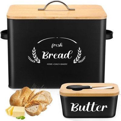 2 Pcs Large Bread Box Set for Kitchen Countertop with Ceramic Butter Dish Hol...