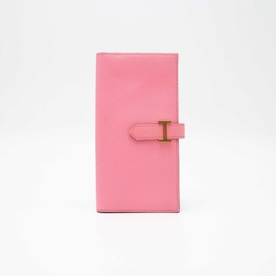 Authentic HERMES Bearn Soufflet Long Wallet Epsom Calfskin Rose Pink Gold