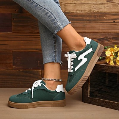 Damen Skate Sneaker Grün Weiß, Gummisohle Bequem Sportschuhe Gr 36-42 NEU