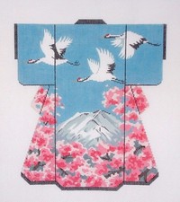 Cranes Fly Over Mt. Fuji Oriental LG. Kimono handpainted Needlepoint Canvas LEE