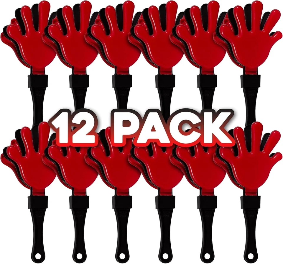 Elementos esenciales para fiestas temáticas deportivas - Paquete de 12 creadores de ruido rojo/negro para aplaudir a mano Foto 3 de 4