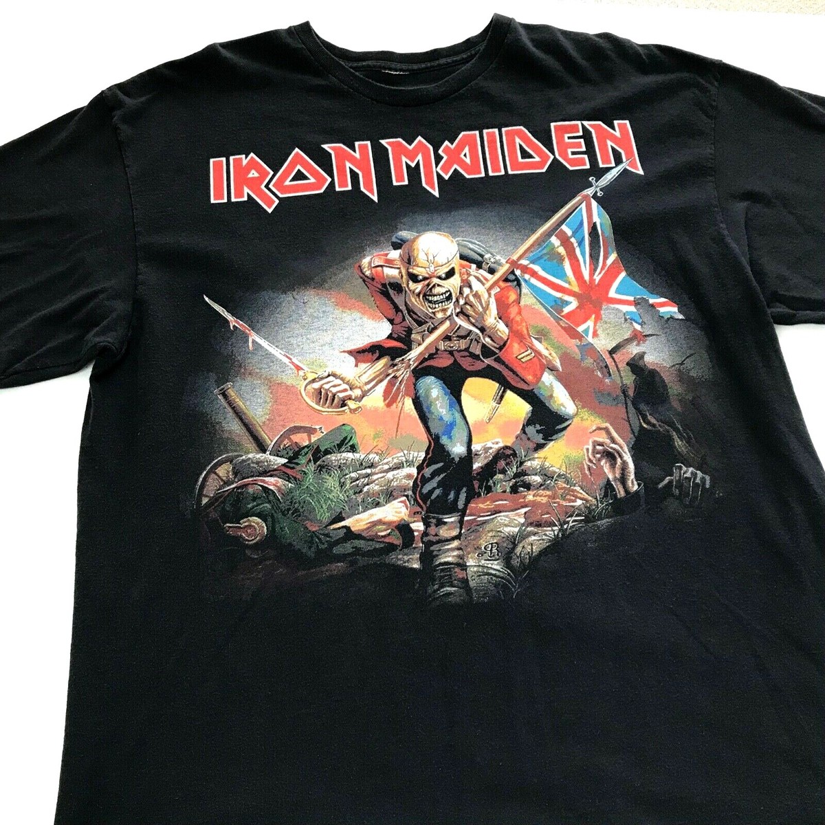 Vtg IRON MAIDEN T-Shirt Eddie The Trooper British Flag UK Tour 