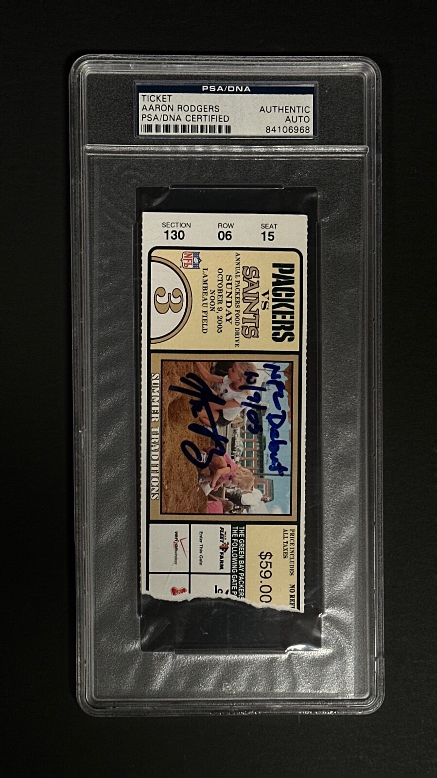 Aaron Rodgers Autographed Signed Green Bay Packers NFL Debut Ticket Packers Vs Saints 10/9/05 Slabbed Ticket 