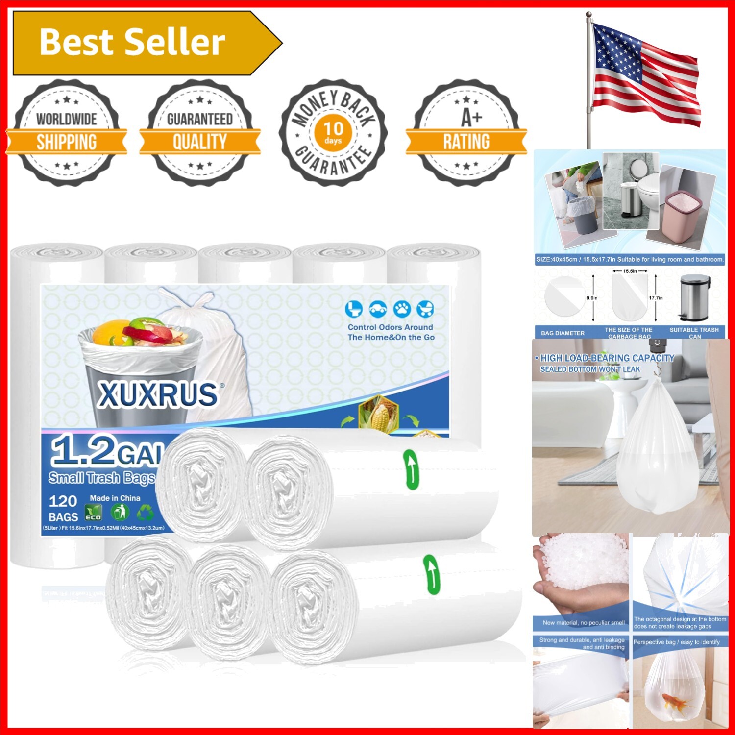 Leak-Proof 1.2 Gallon Trash Bags - 120 Count White Bathroom & Household Garbage