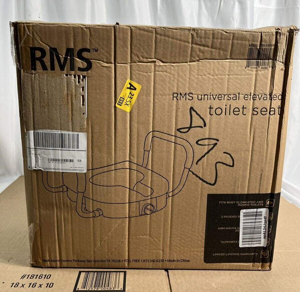 RMS Raised Toilet Seat Riser – 5 Inch Elevated Seat With Adjustable Padded Arms For Elongated Or Standard Toilets
