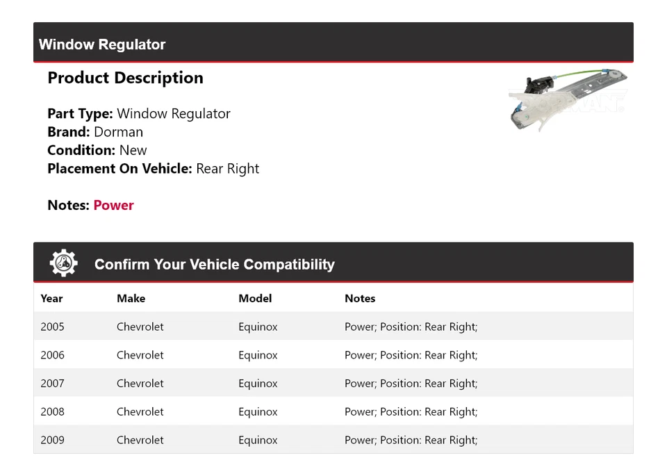 Regulador de janela traseiro direito Chevrolet Equinox Dorman 2005-2009 2006 2007 - Imagem 2 de 4