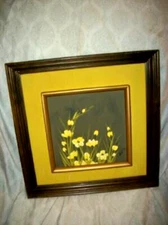 MCM OIL PAINTING JARU OF CALIFORNIA WALL ART WILDFLOWERS YELLOW VELVET 1960s VAL