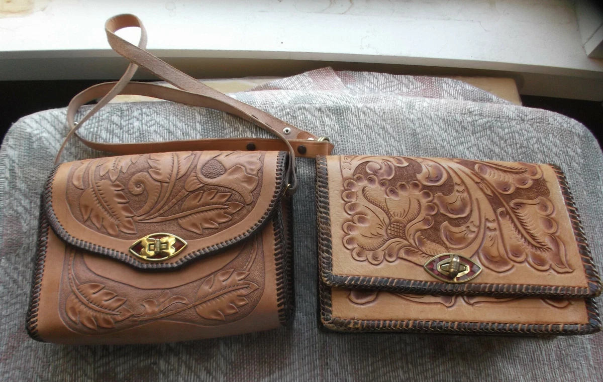 Vintage Brown Tooled Western Style Whipstitch Handbag Purses Choice