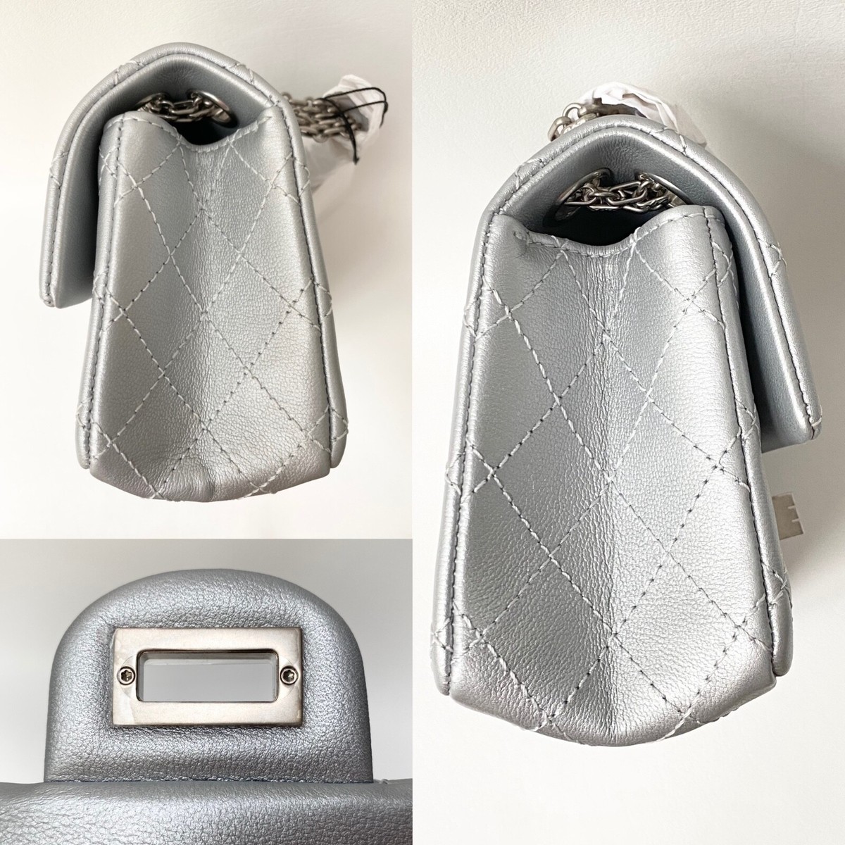 2021A CHANEL CLASSIC MINI REISSUE 2.55 SILVER GOATSKIN LEATHER BAG