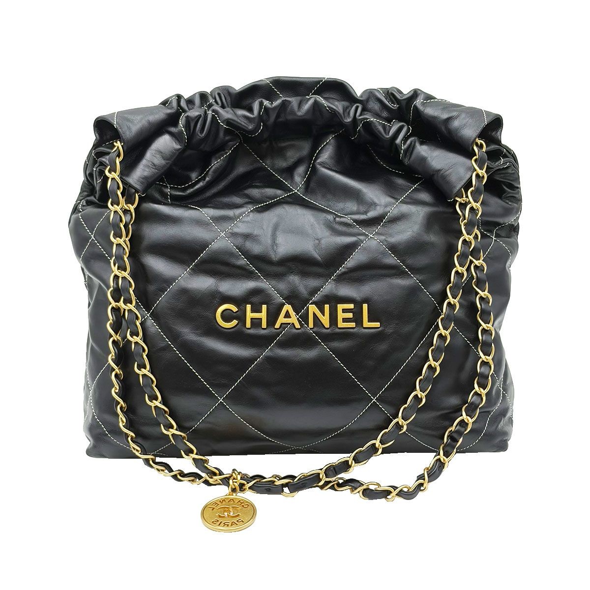 CHANEL Black Calf Gold Metal 22 Small Shoulder Bag 158542444 [U]