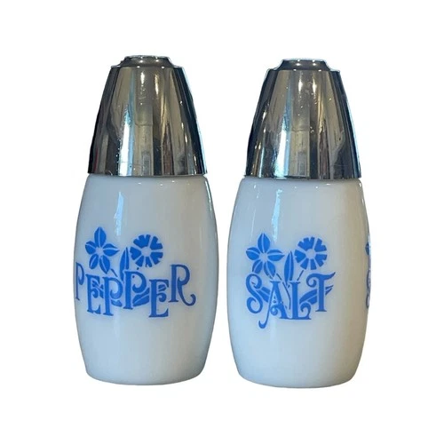 Gemco Milk Glass with Blue Flowers Salt and Pepper Shakers Vintage