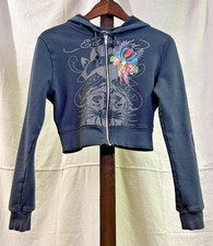 Ed Hardy Cropped Zip Hoodie Women s Large Black Tattoo Bird Graphic Y2K
