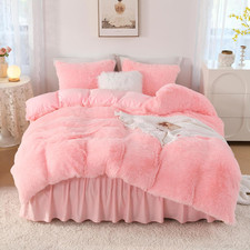 Fluffy Pink Comforter King Size, Luxury Shaggy Faux Fur Bedding Cute for Women G