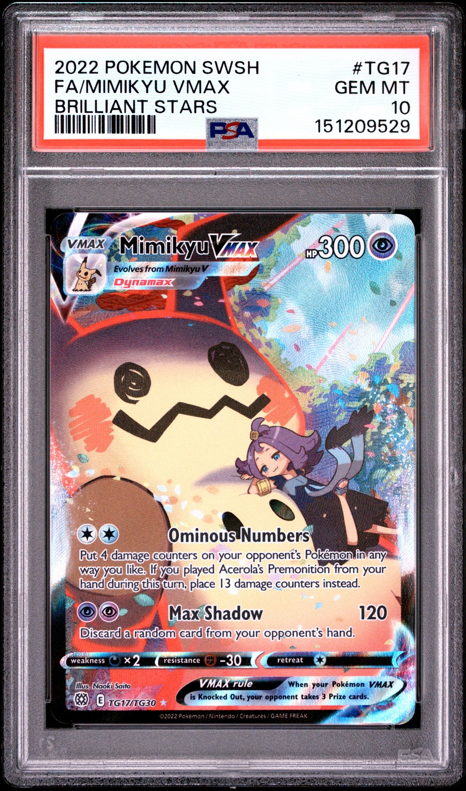 2022 POKEMON SWORD & SHIELD BRILLIANT STARS #TG17 FULL ART/MIMIKYU VMAX PSA 10