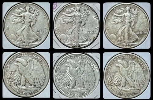 Set of 3 Walking Liberty Silver Halves 1938-P 1939-D,S. Better Grade in XF/AU