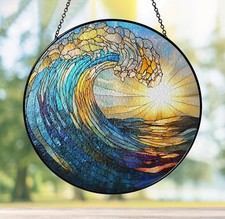 Ocean Wave Glass Suncatcher, Coastal Glass Window Hanging