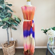 NWT TAHARI Ombre Pleated Midi Dress Women’s 16 Sleeveless Mock Neck Waist Tie
