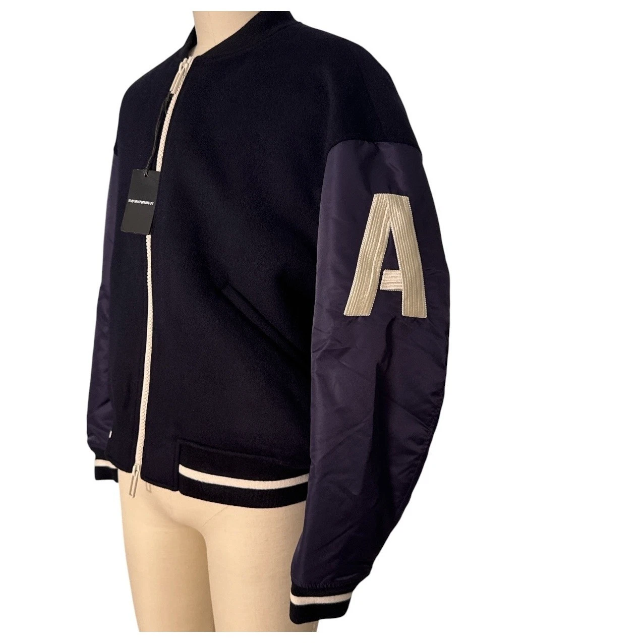 Emporio Armani Navy Blue Wool Blend Bomber Jacket Letter Patches 6L1BL8 Men IT52 - product detail image 2