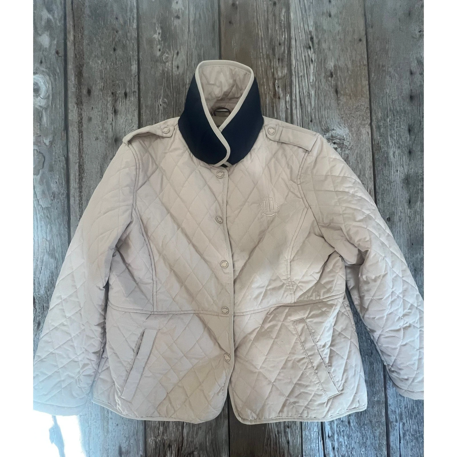 Tommy Hilfiger Mens Quilted Barn Jacket Tan Beige Navy Collar XL XLG