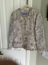 Chico s 2 White Lilac Tan Gold Metallic Chain and Fringe Zippered Blazer 802