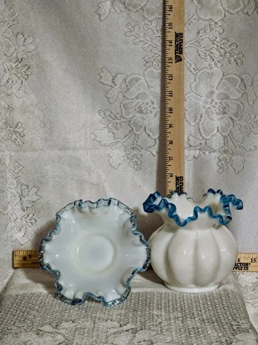 Vintage Fenton Aqua Crest Milk Glass Melon Vase 5", and Dish