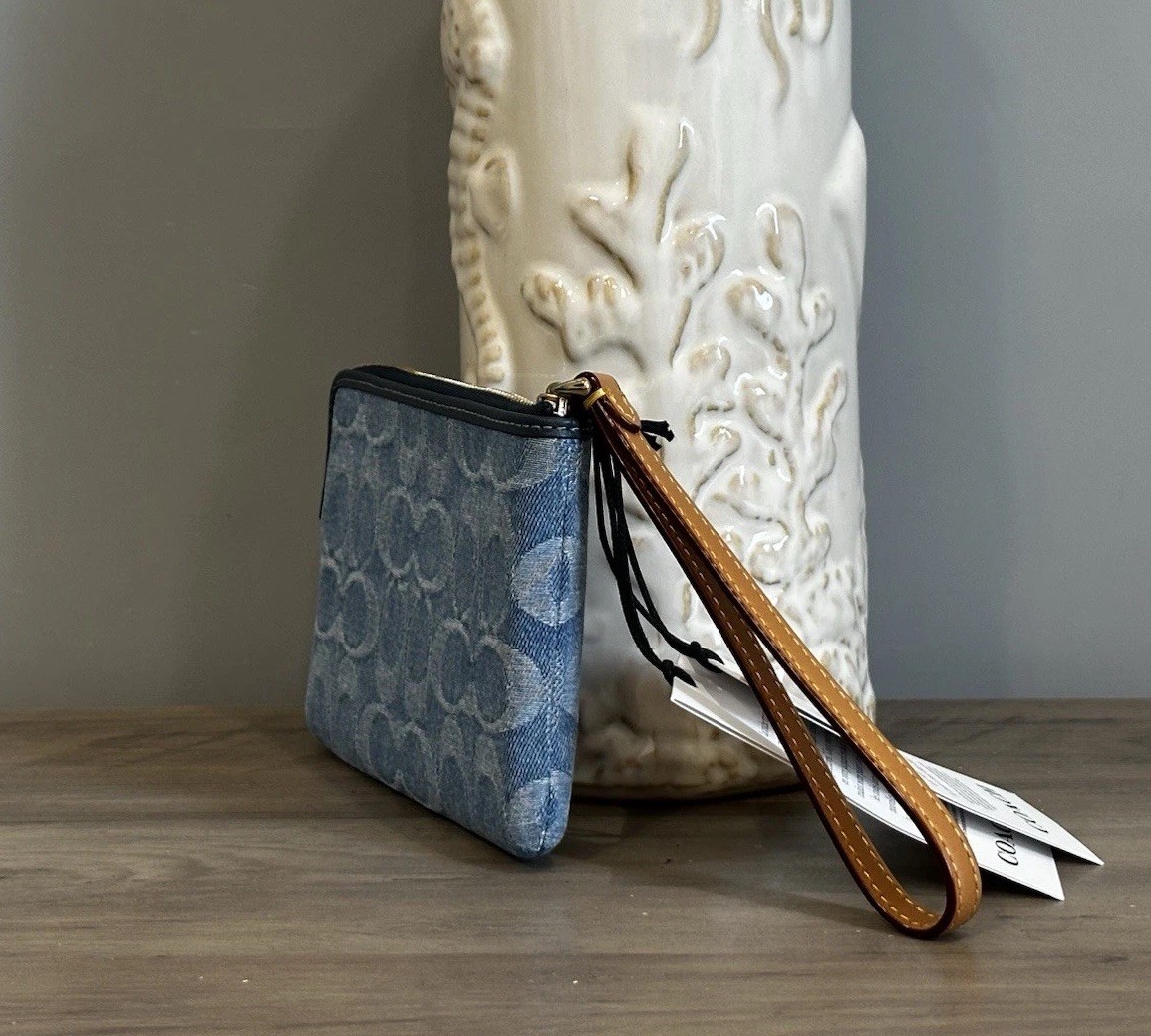 COACH Corner Zip Wristlet In Signature Denim & Leather CDF26 Gold