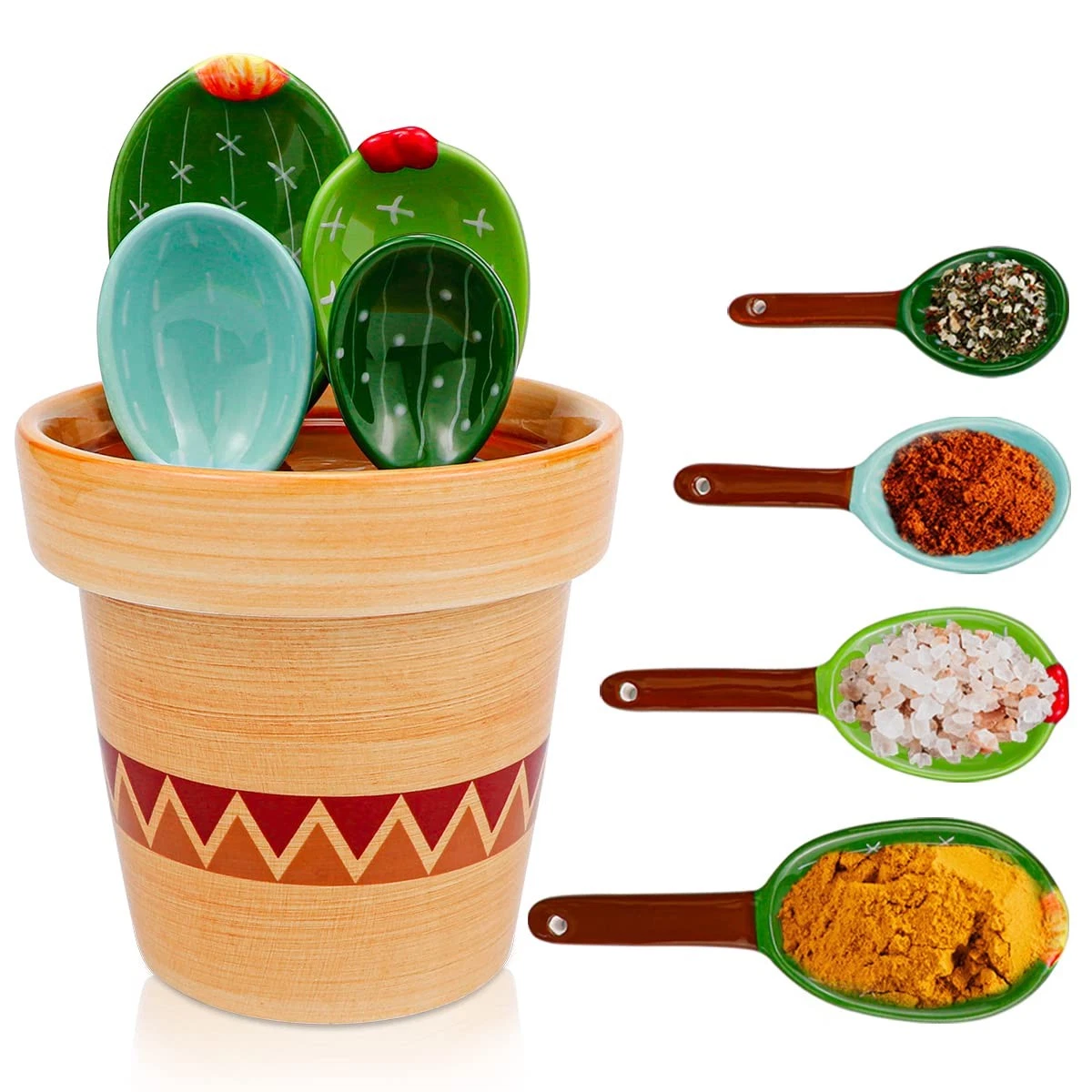 DOERDO Cactus Measuring Spoons Set in Pot, Cute Ceramic Kitchen Cups and with...