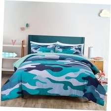 Size Camouflage Bedding Comforter Set with Sheets, Boys Girls Men Full Aqua