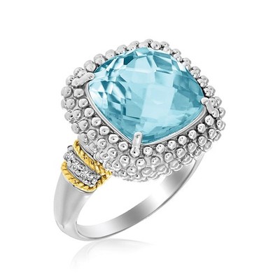 18 Karat Gelbgold & Sterlingsilber Himmelblauer Topas und Diamant Popcorn Ring