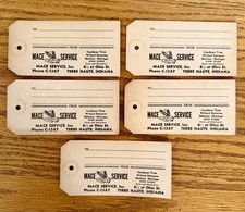 (5) Vintage Mace Service Tags Terre Haute, IN Mobil Willard John Deere Goodyear