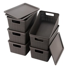 6 Pack Plastic Storage Baskets With Lids,Grey Breathable Stackable Storage Bi...