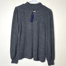 Adrienne Vittadini Sweater Small Rhinestone Keyhole Mock Neck Women's Gray NWT