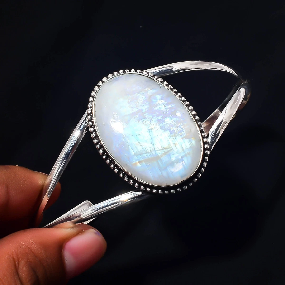 Rainbow Moonstone Gemstone 925 Sterling Silver Handmade Bangle Jewelry Gift For