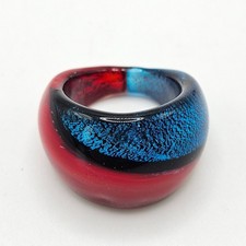 Murano Glass Domed Red and Blue Swirl Large Statement Cocktail Ring Size 9