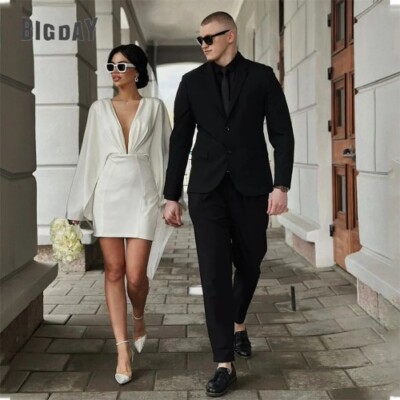 Elegant Short Wedding Dress Deep V-Neck Long Sleeve Pleat Illusion Back Buttons