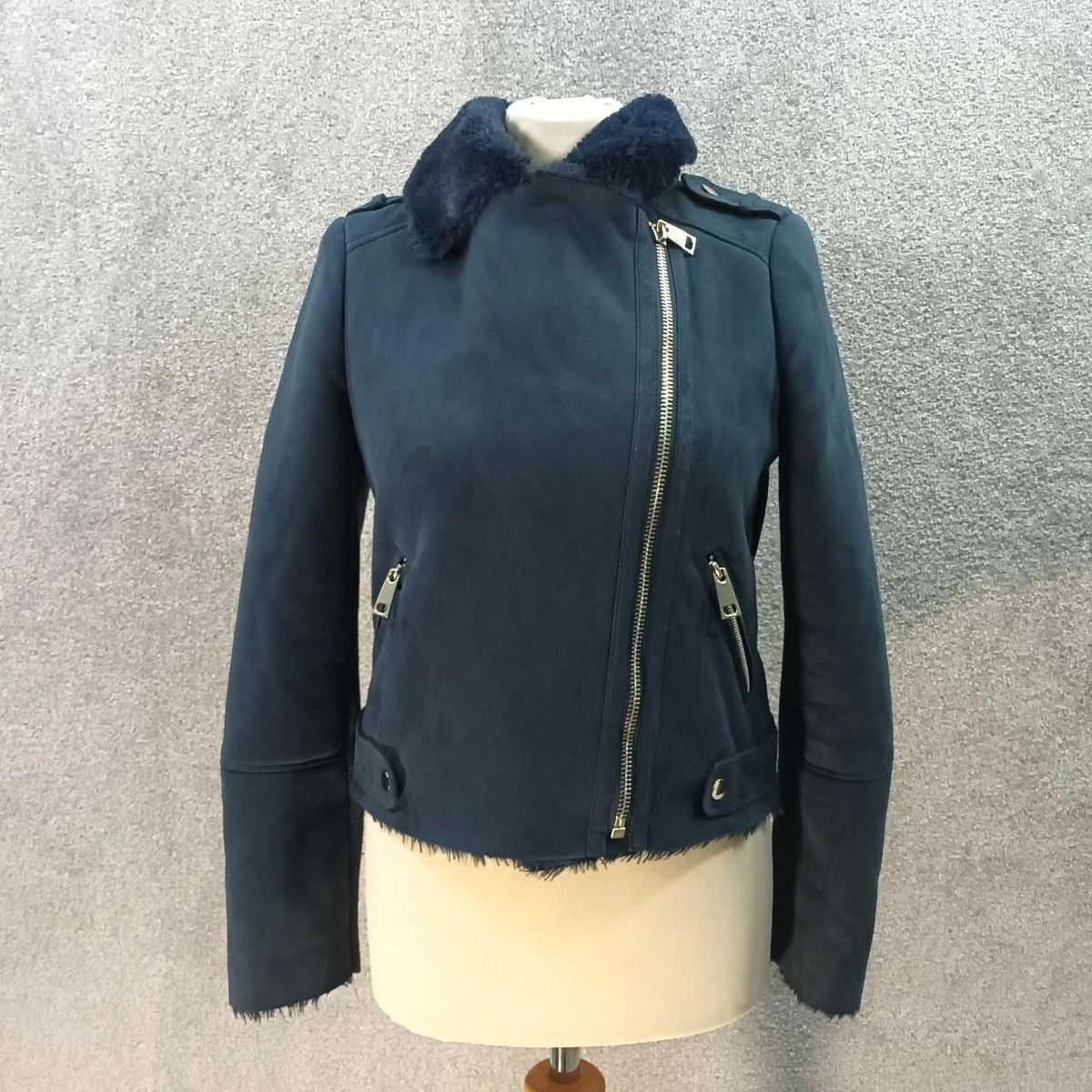 RIVER ISLAND NAVY SUEDE BIKER JACKET FAUX FUR INNER LINED THICK