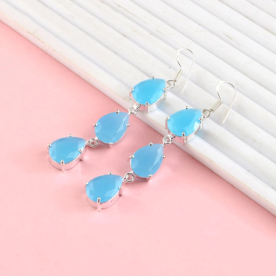 Blue Chalcedony Quartz Gemstone Silver Plated Dangle Earrings Jewelry 2.5" - Image 3 of 3