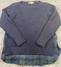 Ann Taylor Loft Sweater Womens Small Pullover Navy Blue Tartan Plaid Ribbed