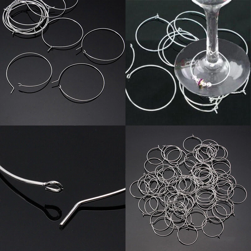 100pcs Wine Glass Charm Rings Metal Earrings Wire Hoops Drink